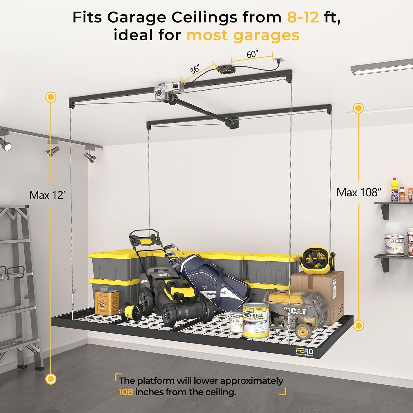 Garage Ceiling Storage Rack with Remote Control  – 4x8 FT – Black