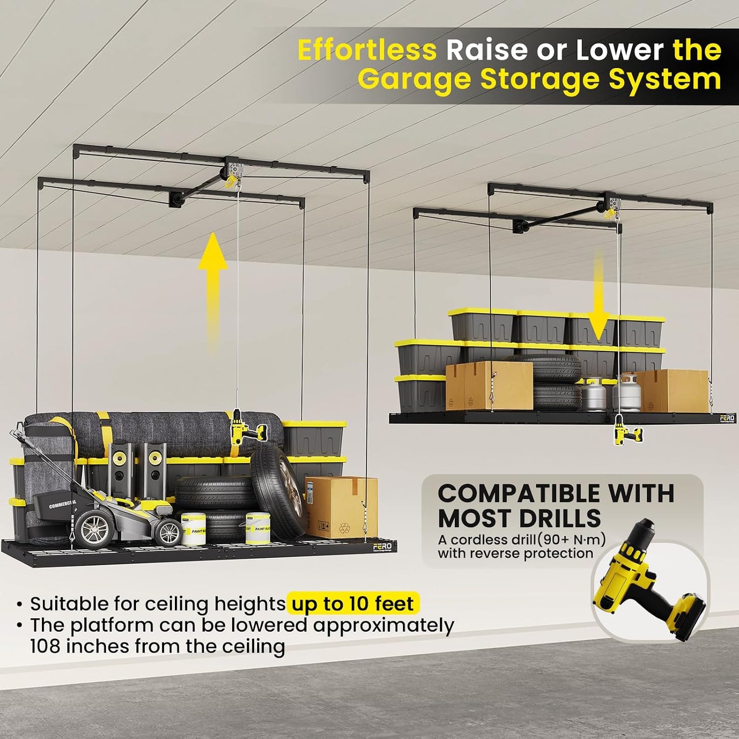 Garage Ceiling Storage Rack – 4x8 FT – Black-500 lb