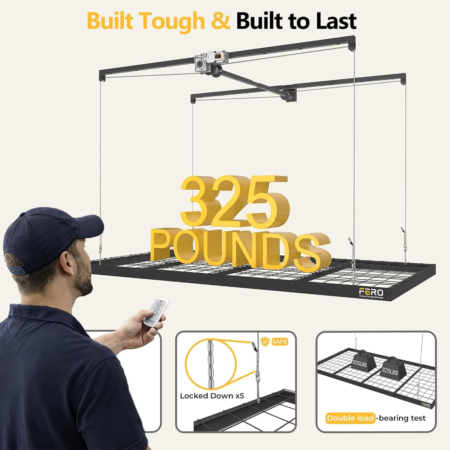 Garage Ceiling Storage Rack with Remote Control  – 4x8 FT – Black
