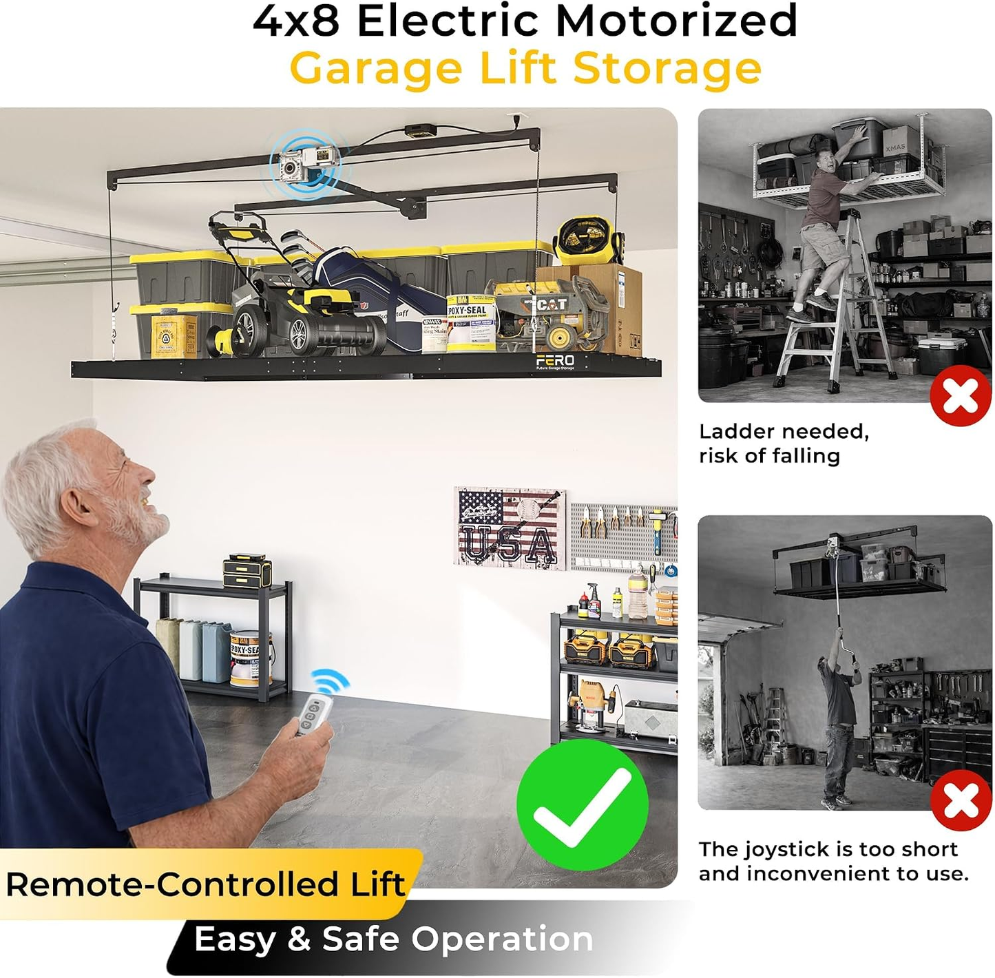 Garage Ceiling Storage Rack with Remote Control  – 4x8 FT – Black