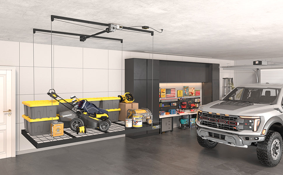 Overhead garage storage in a spacious garage